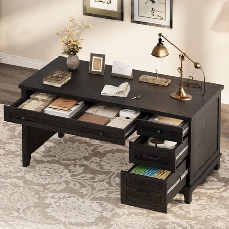 Farmhouse Executive Office Desk with Power Outlets, USB Ports & File Cabinet – 53.5'' Wooden Writing Desk – Storage Drawers & Charging Station – Black