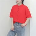 thumbnail image 6 of JGGSPWM Women Soft Lightweight Linen Short Sleeve Stand Collar Button-Down Loose Fit Casual Summer Top Blouse Red M, 6 of 6