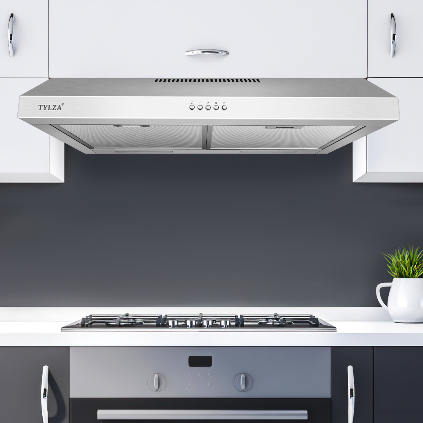 TITTLA 30" 600 CFM Stainless Steel Kitchen Under Cabinet Range Hood with 2 x 2W LED Lights and 2 Replacement Charcoal Filter
