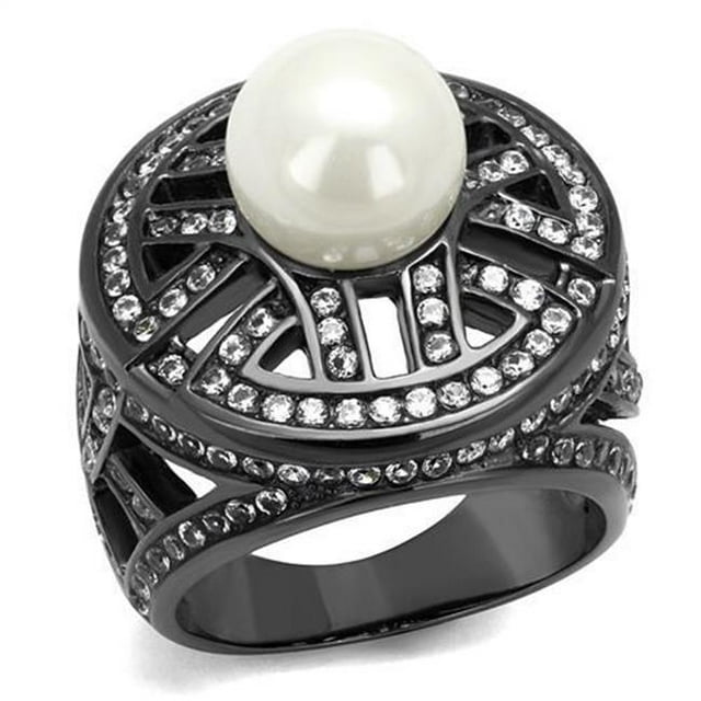 Alamode TK2771-7 Femmes IP Light Noir Bague en Acier Inoxydable avec Synthétique en Blanc - Taille 7