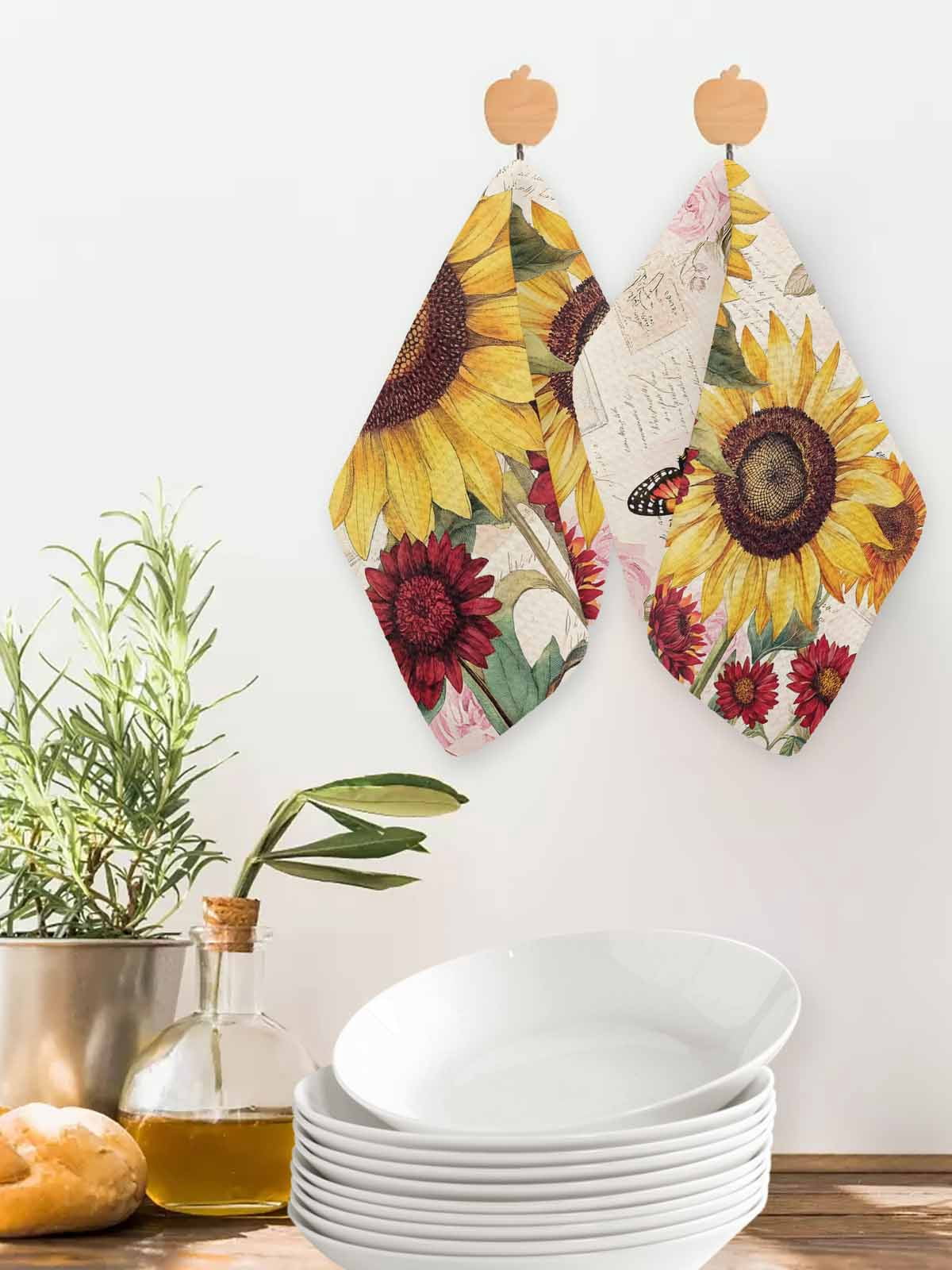 Sunflower Dish Towels Set, Waffle Weave Kitchen Towels 4 Pieces, Farmhouse Rose Floral Vintage Butterfly Microfiber Hair Face Bath Tea Towel Absorbent Quick Drying Cleaning Dish Cloths 12"x12"