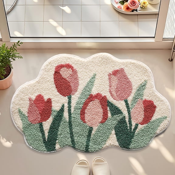 Floral Flower Bathroom Rug, 20"x31" Cute Tulip Design Non Slip Bath Mat, Quick Drying Microfiber, Soft Irregular Shaped Shower Rug for Bathtub, Bedroom Home Decor