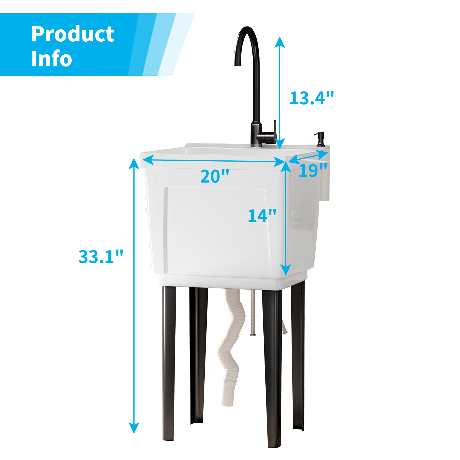 TABU Freestanding Utility Sink Laundry Tub, with Stainless Steel Faucet, White