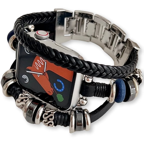 Retro Metal Rings Decor Bands for Apple Watch 49mm 45mm 44mm 42mm 41mm 40mm 38mm, Braided Leather Rope Multi-Layer Style Strap Compatible with iWatch Series 10 9 8 7 6 5 4 3 2 SE Ultra
