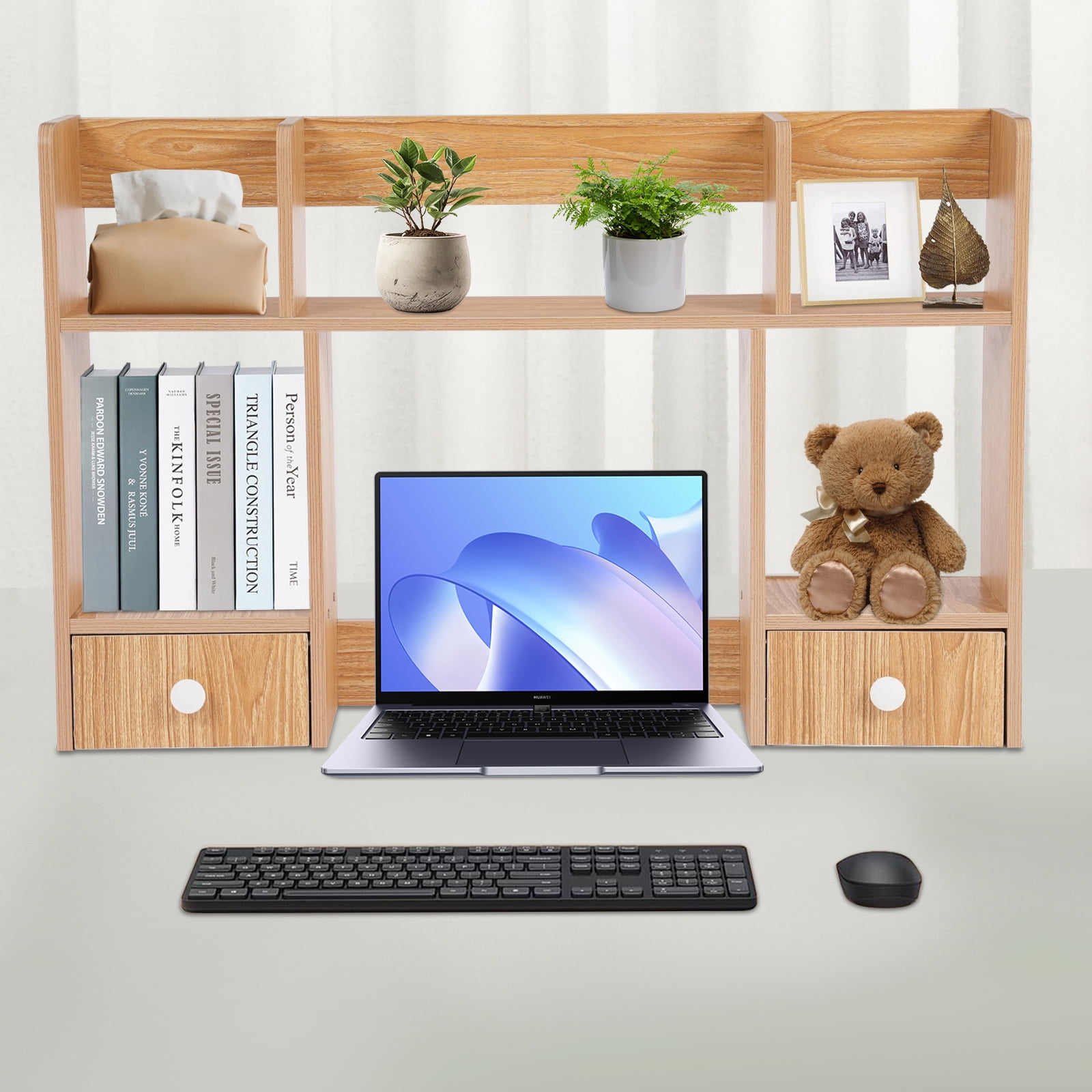 Modern Desktop Storage Organizer Home Office Desktop Bookshelf Holder Computer Rack Desk Organizer for Space Saving (Rubberwood Color)