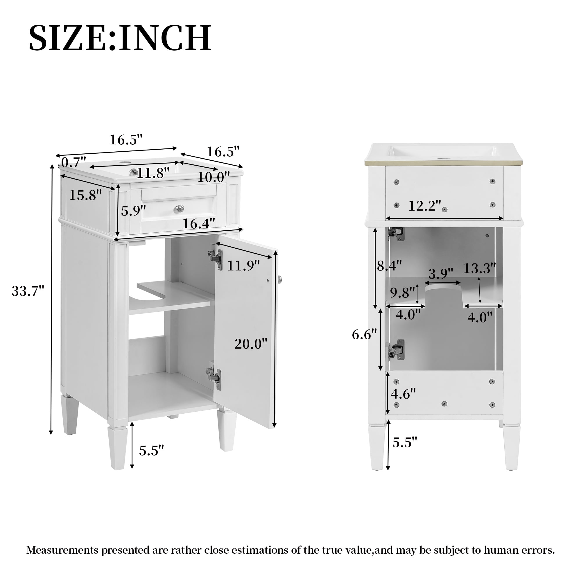 Harper & Bright Designs 16" Free Standing Single Basin Vanity Set, Bathroom Vanity with Sink Combo with Door and Adjustable Shelf, Bathroom Sink Storage Cabinet for Small Space, White
