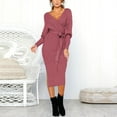 thumbnail image 2 of Women's Knit Dress Deep V Neck Long Sleeve Fall Winter Dresses Solid Tie Waist Casual Bodycon Midi Pencil Dress, 2 of 7