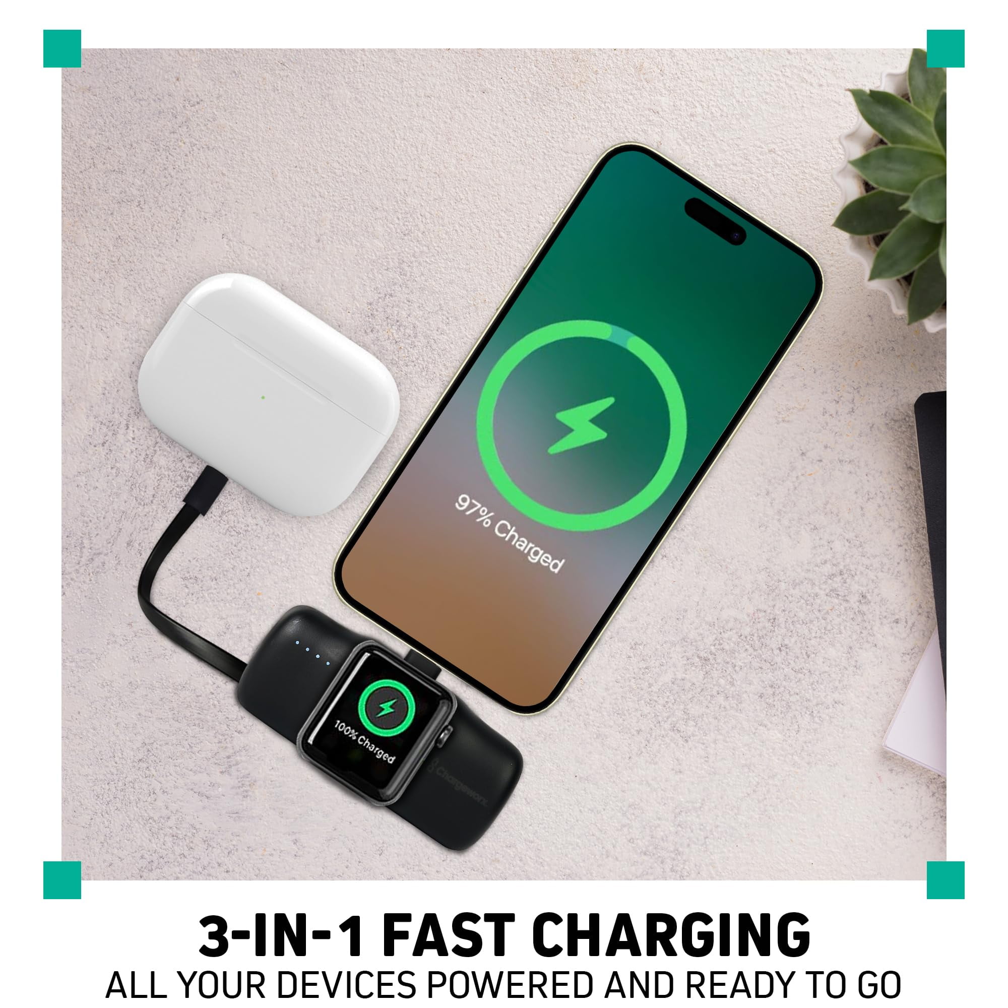 3 in 1 Portable Charger Power Bank for iPhone, USB-C Devices, Smart Watch, 5000mAh Battery, Ultra Compact, Fast Charging Travel Charger, LED Battery Indicator (Black)