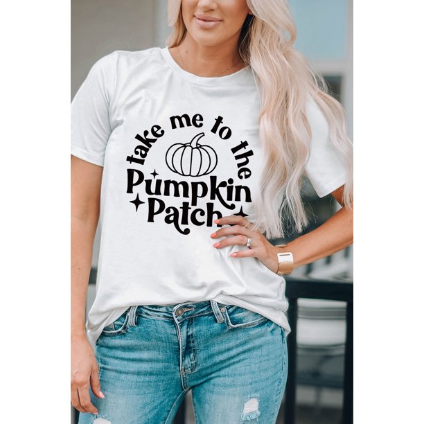 ABPHQTO Camiseta de manga corta con estampado gráfico de letra con parche de calabaza blanca para mujer