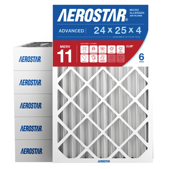 Aerostar 24x25x4 MERV 11 Air Filter, Pleated AC Furnace HVAC, Pet Dander Mold Smoke, 6 Pack