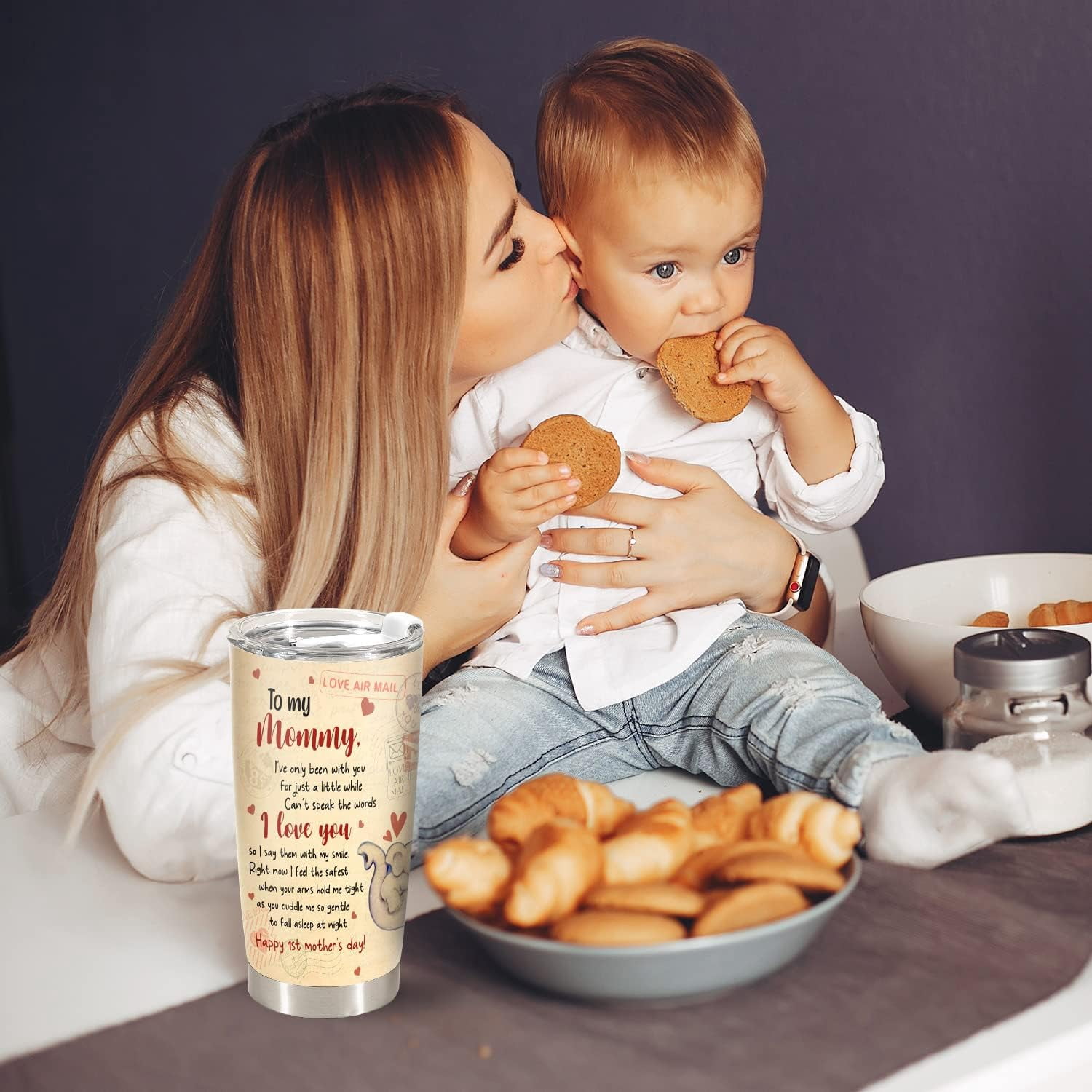 First Mothers Day Gifts For New Mom Daughter From Sister Baby Son - 1st Mothers Day Coffee Mug - Elephant 20oz Double Wall Vacuum Insulated Tumbler With Lid for Woman