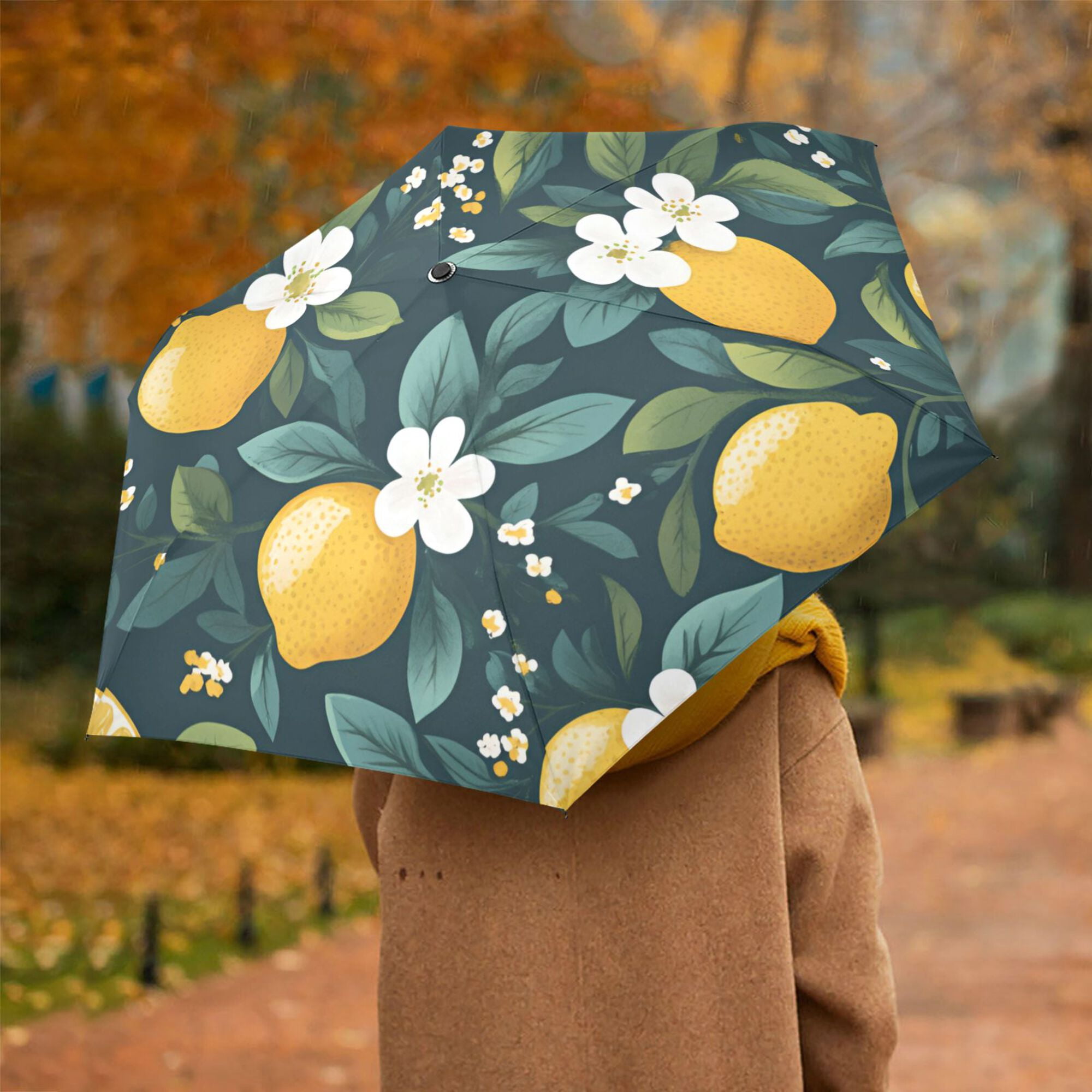 FORMRS Travel Umbrella Folding Auto Open Close Windproof Rain UV Protection, Yellow Lemons