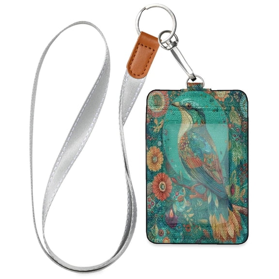 PU Leather Badge Holder ID Badge Holder with Lanyard for Cards & Credentials Beautiful Psychedelic Bird