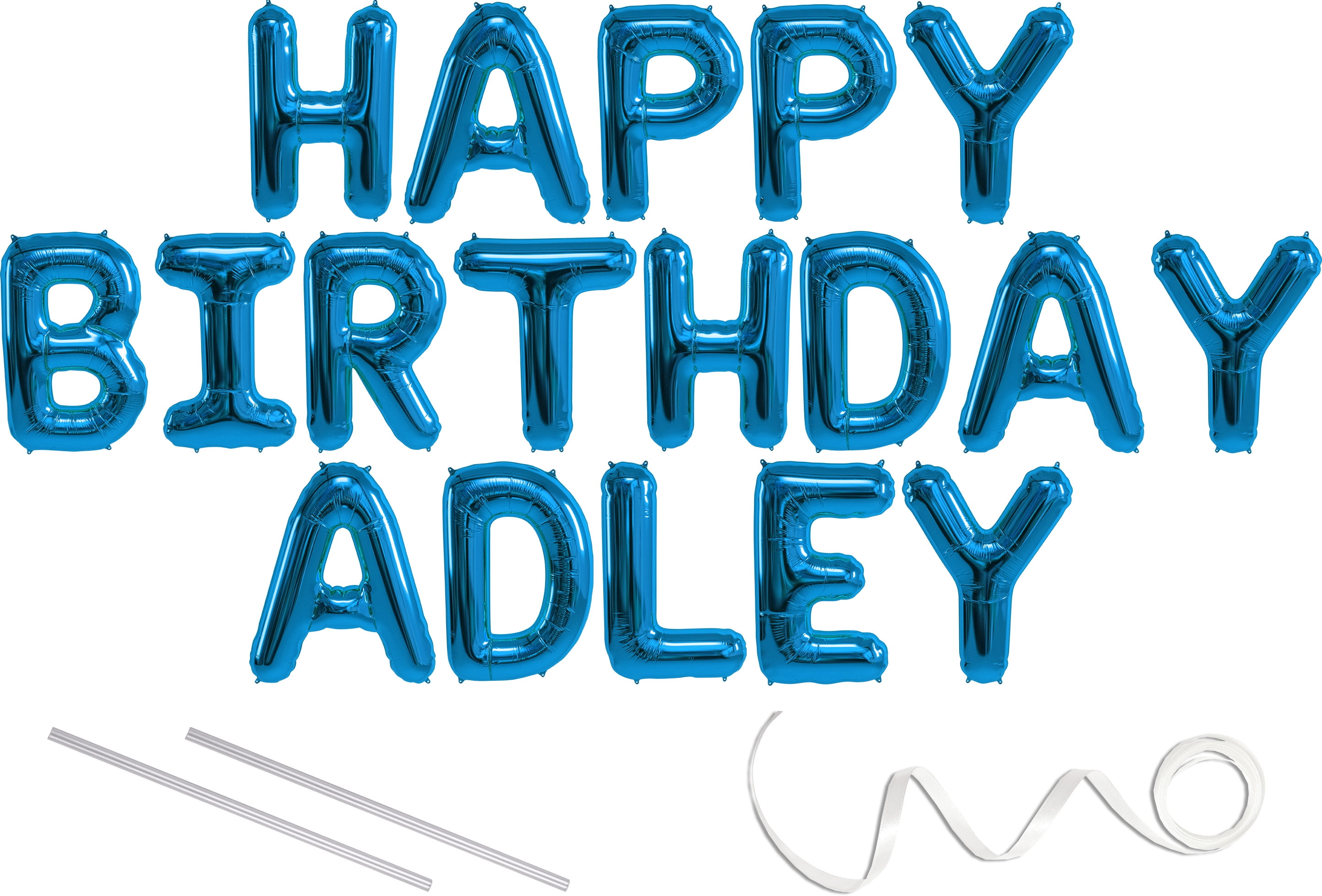 Adley, Happy Birthday Mylar Balloon Banner Blue 16 inch Letters. Includes 2 Straws for