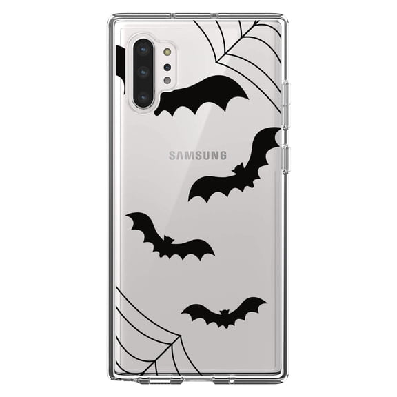DistinctInk Clear Shockproof Hybrid Case for Galaxy Note 10 PLUS (6.8" Screen) - TPU Bumper, Acrylic Back, Tempered Glass Screen Protector - Bats and Spider Webs