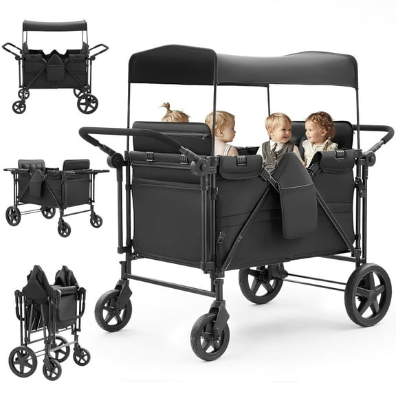 Linor Wagon Stroller for 4 Kids, Wagon Cart Featuring 4 High Seat with 5-Point Harnesses and Adjustable Canopy, Foldable Double Push Bar Wagon Stroller for Garden, Stroller, Camping