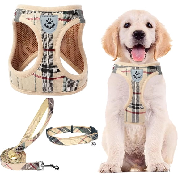 Adjustable Dog Harness Collar and Leash Set Step in No Pull Pet Harness for Small Medium Dogs Puppy and Cats Outdoor Walking Running, Soft Mesh Padded Reflective Vest Harnesses, Beige S