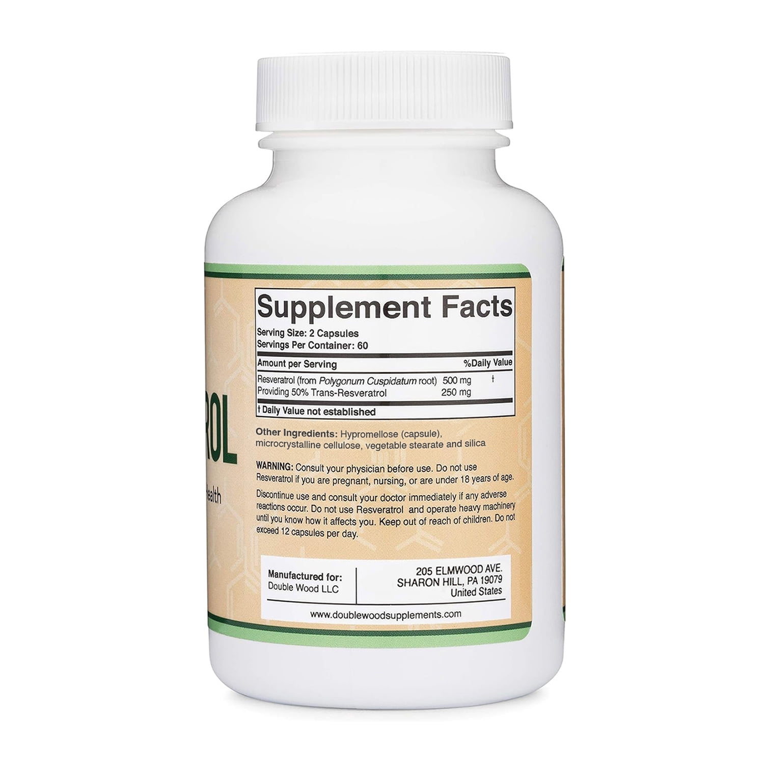 Resveratrol 500mg Per Serving, 120 Capsules (Natural Resveratrol Polygonum Root Extract Providing 50% Trans-Resveratrol) Anti-Aging Support by Double Wood Supplements