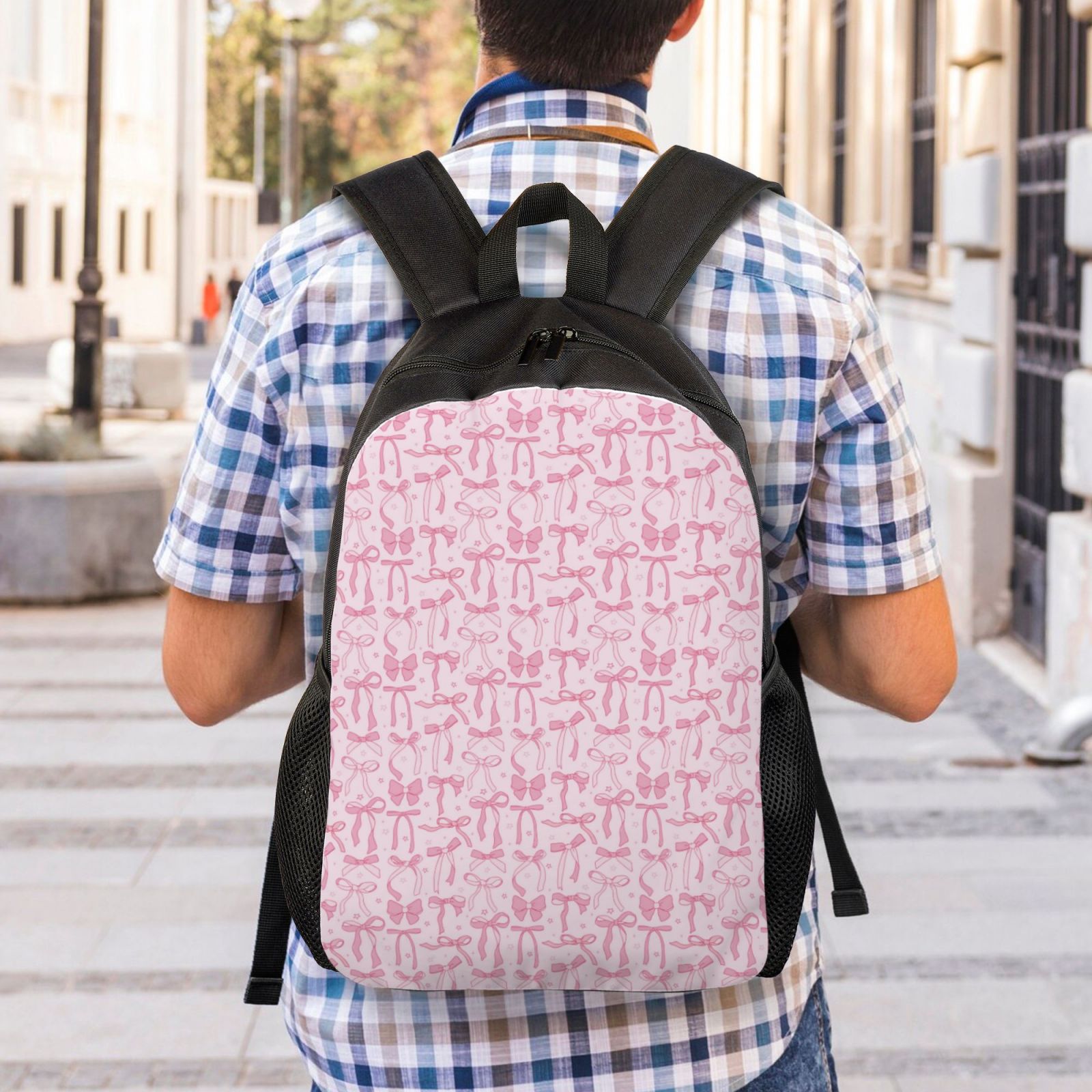 Xecao Ribbon Bow Print School Backpack with Laptop Compartment Small Travel Laptop Backpack for Women Men Waterproof College Backpack Simple School Bag