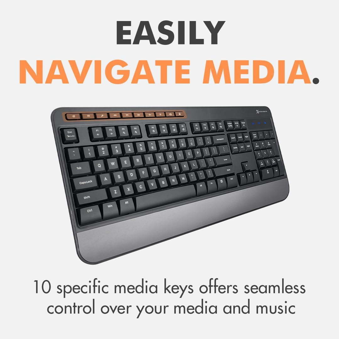 X9 Performance Multimedia USB Ergonomic Keyboard Wired - Take Control of Your Media - Full Size Wired Keyboard with Wrist Rest and 114 Keys - External Wired Computer Keyboard for Laptop and Office PC
