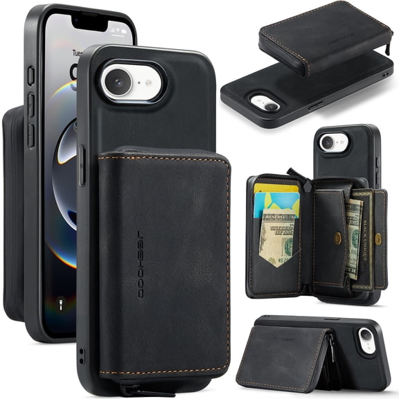 Wallet Case for iPhone 16e, Removeable Zipper Pocket Back Case with Card Holder, PU Leather Drop Protective Cover Case with Kickstand for iPhone 16e, Black
