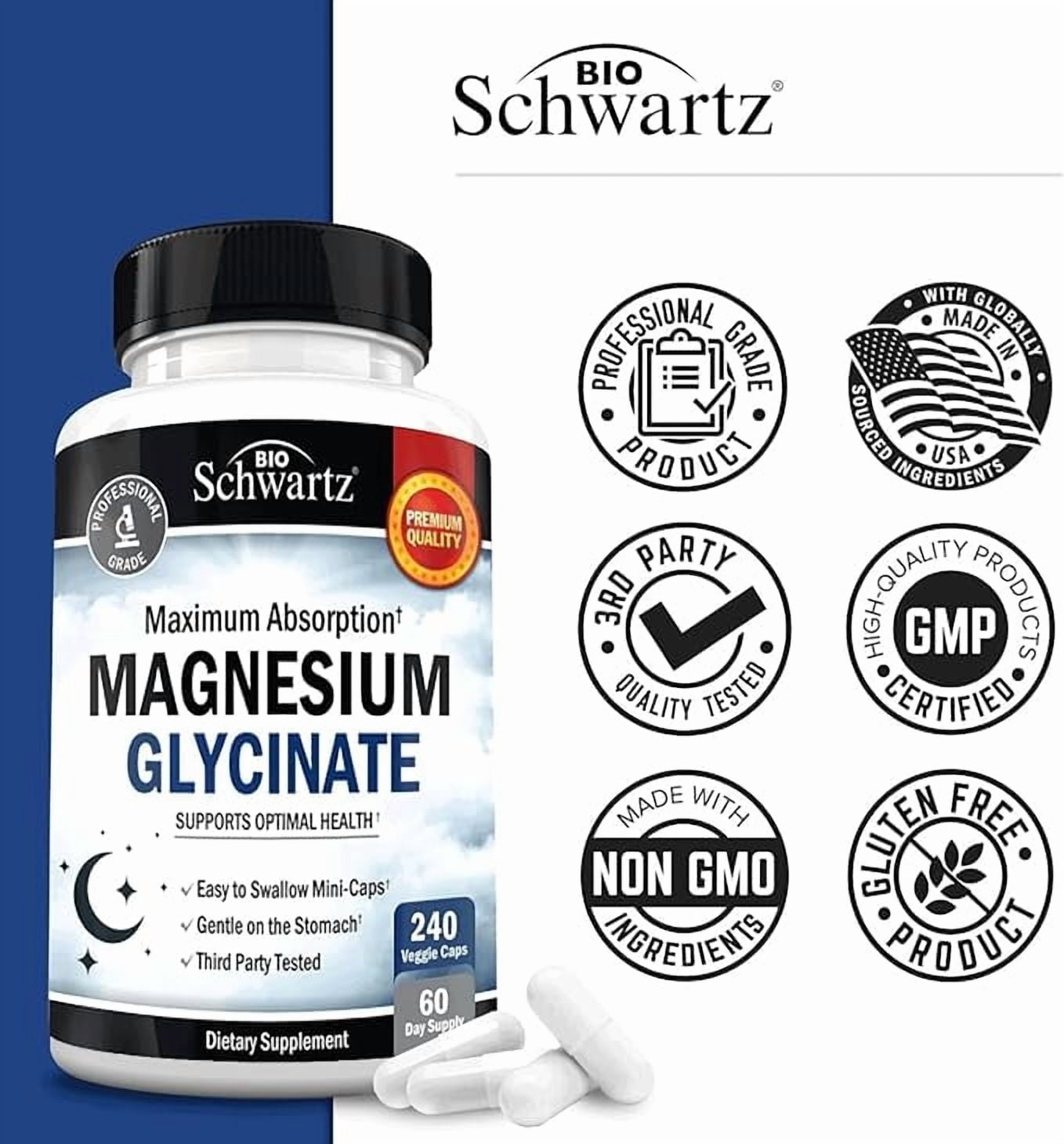 BioSchwartz 500mg Pure Magnesium Glycinate for Nerves, Muscles, Heart, Mood, and Sleep, 240 Capsules