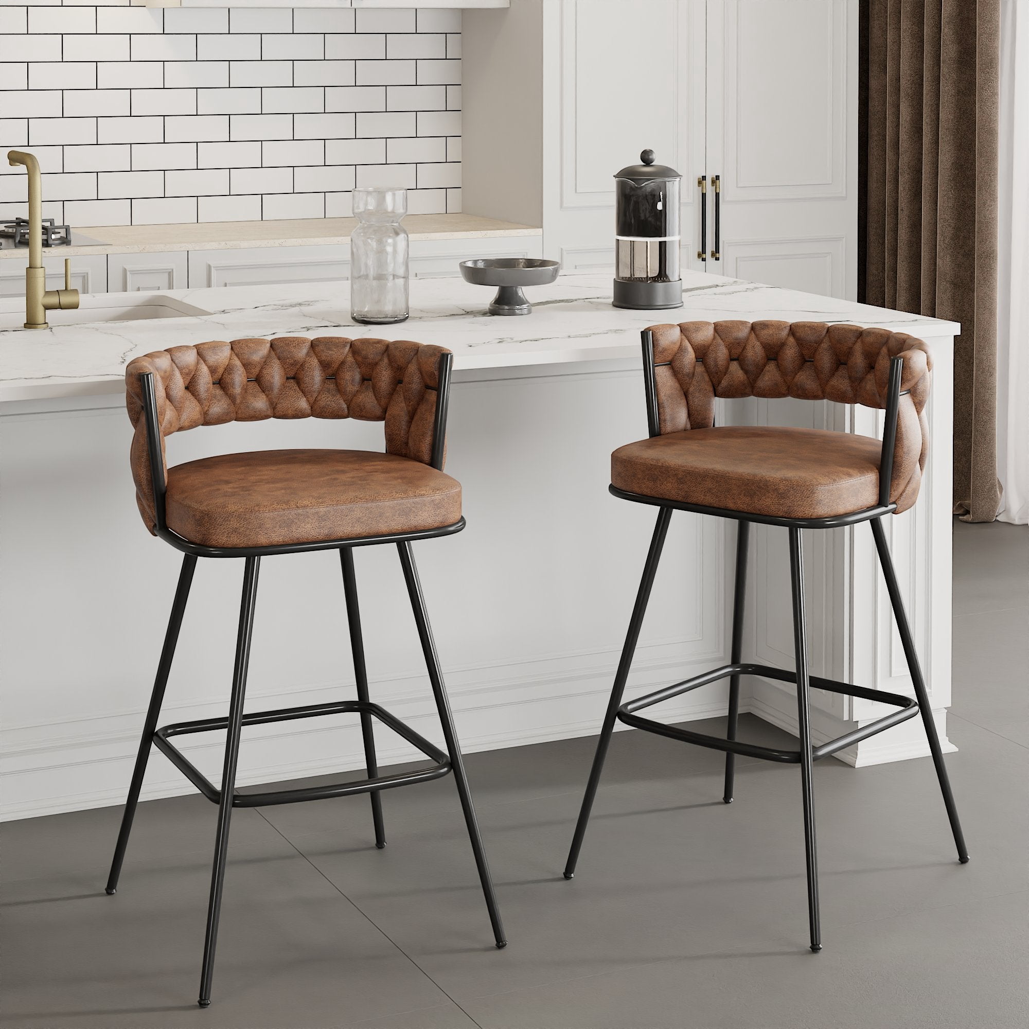 VECELO Modern Braided Bar Stools Set of 2 – Suede Fabric Counter Height Upholstered Stools with Woven Back Support & Footrest, Heavy-Duty Metal Frame Bar Chairs for Kitchen Island,Brown