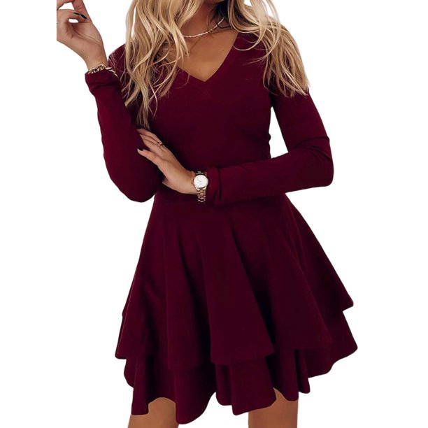 MAWCLOS Women Mini Dresses V Neck Short Dress Solid Color Casual Party