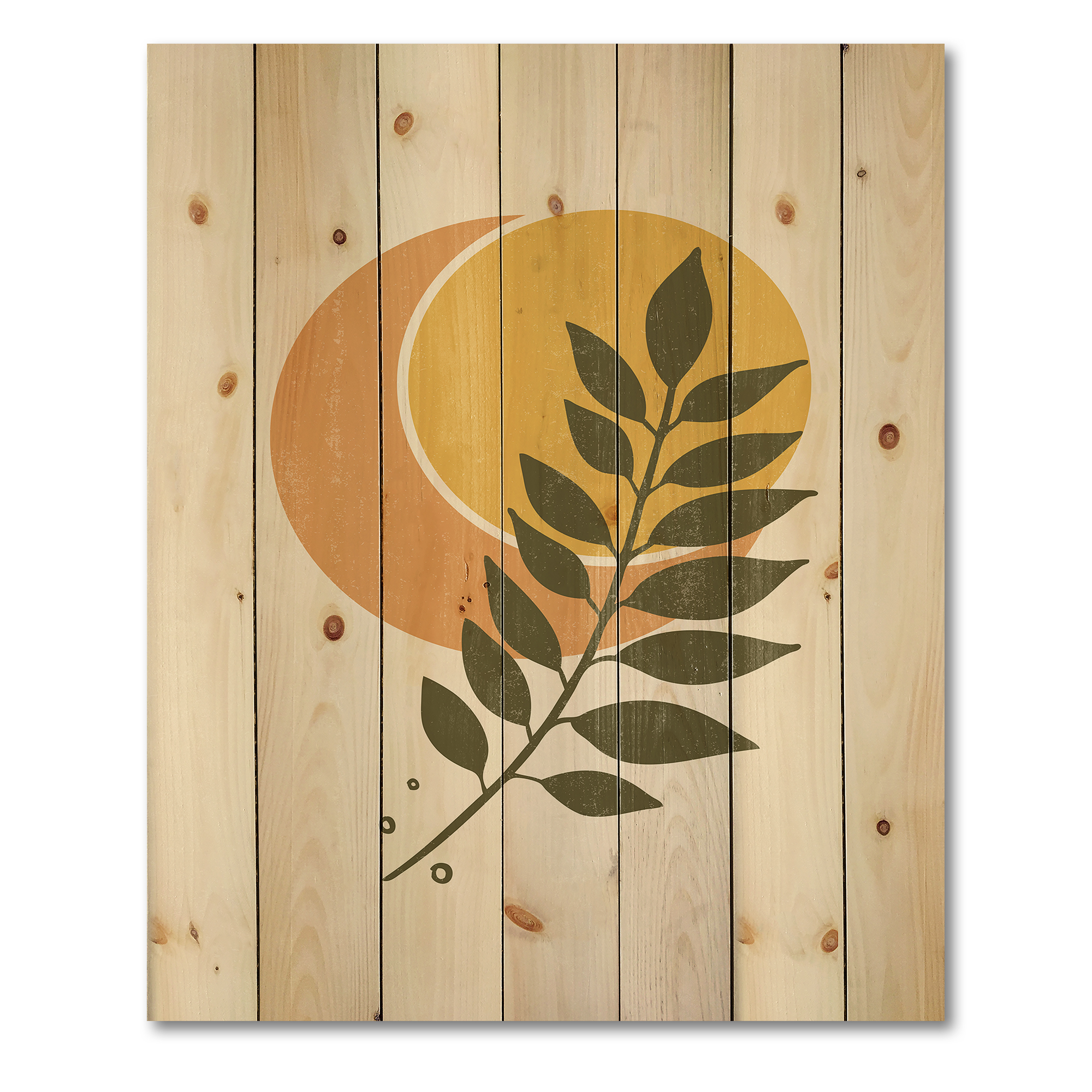 Designart 'Abstract Geometrical Moon and Sun With Leaf V' Modern Print on Natural Pine Wood