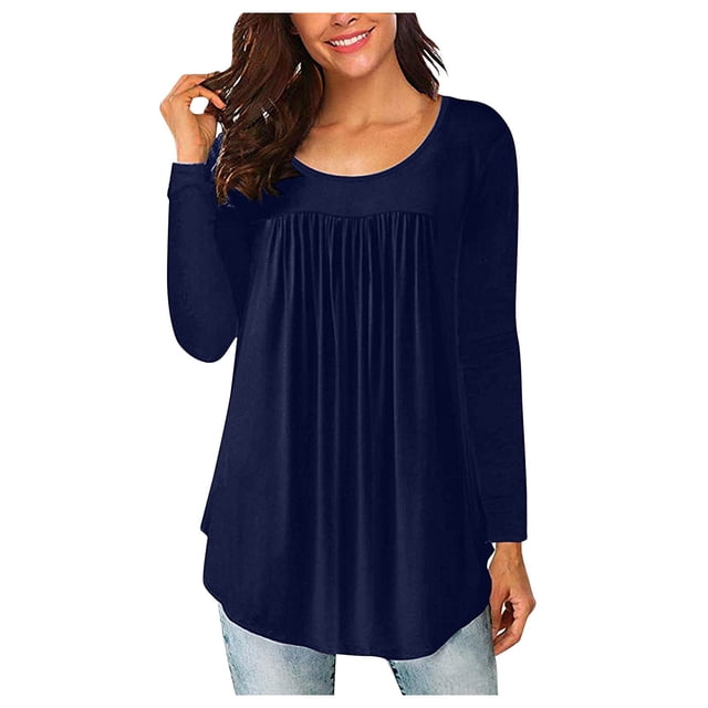 Pompotops Women Casual Solid Color Long Sleeve Crewneck Basic Comfy Tunic Blouse Tees