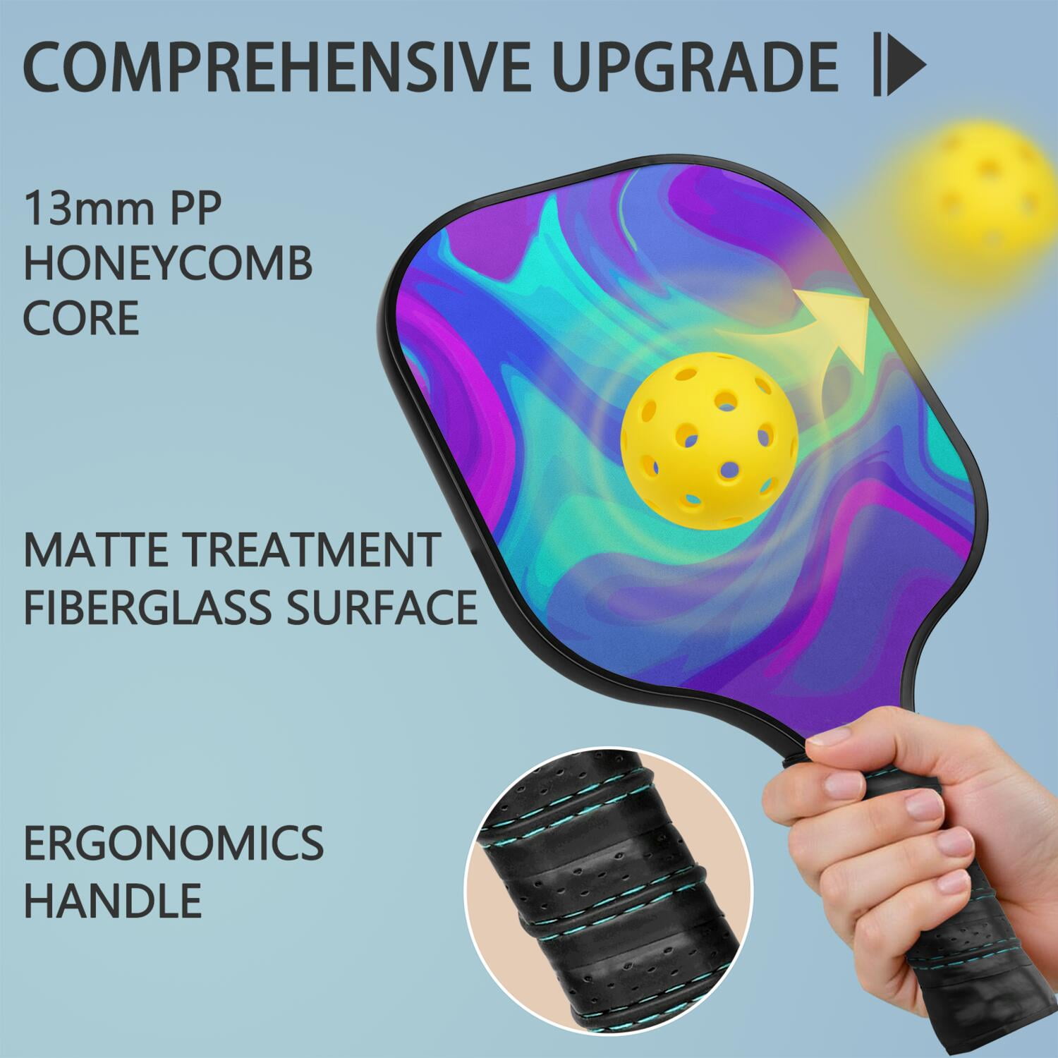 Pickleball Paddles Set Of 2, Fiberglass Surface, Liquid & Marble Print, 4 Balls & Bag