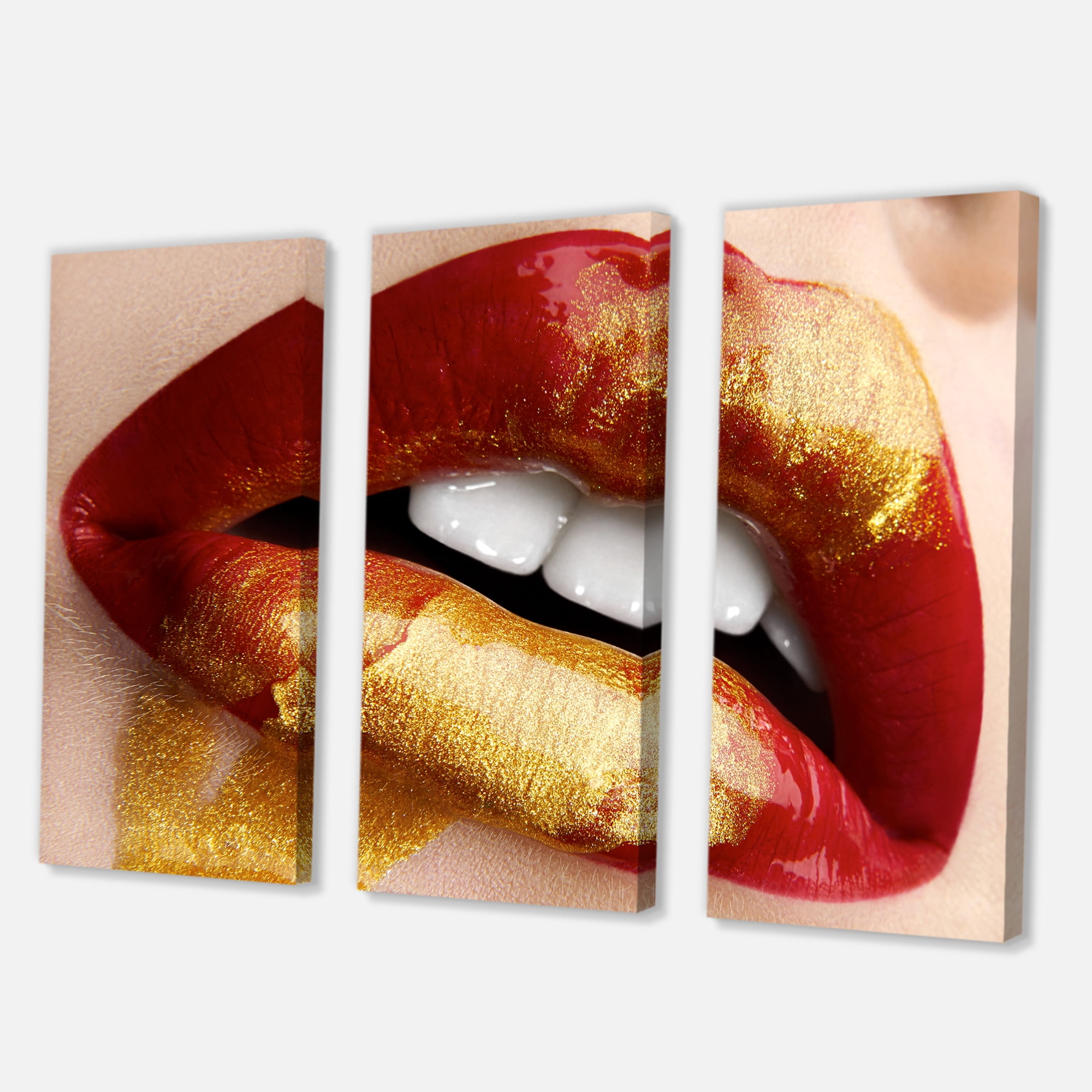 Designart ' Plump Woman Lips With Gold and Red ' Modern Canvas Wall Art Print