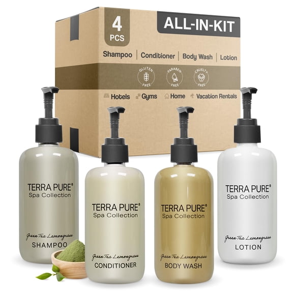 Juego de amenidades de la colección Terra Pure Spa, 10.14 oz. Bombas (1 de cada una) Champú Acondicionador Jabón y loción para manos/cuerpo
