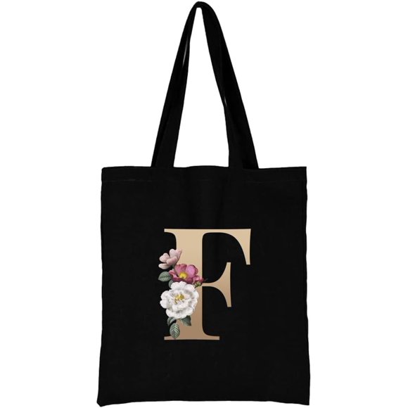 The 26 letters printed cotton reusable grocery bags, collapsible to casual resehandväska, and shoulder beach tote bags, shopper bag, eco-friendly super strong washable Gold F