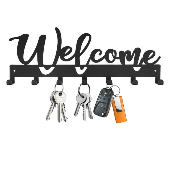 Key Holder for Wall, Key Holder Wall Mount for Hallway, Key Organizer Rack with 7 Hooks, Key Hanger with Mounting Hardware (Welcome, 12 INCH)