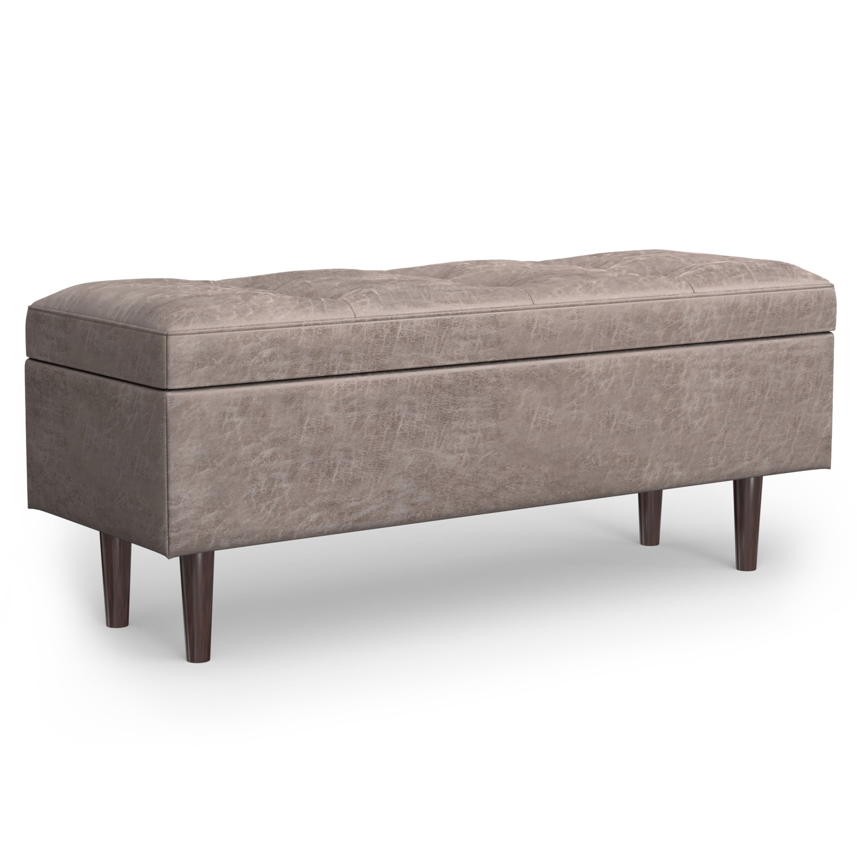 Simpli Home Shay 48" Wide Modern Rectangle Storage Ottoman in Gray Taupe Vegan Faux Leather