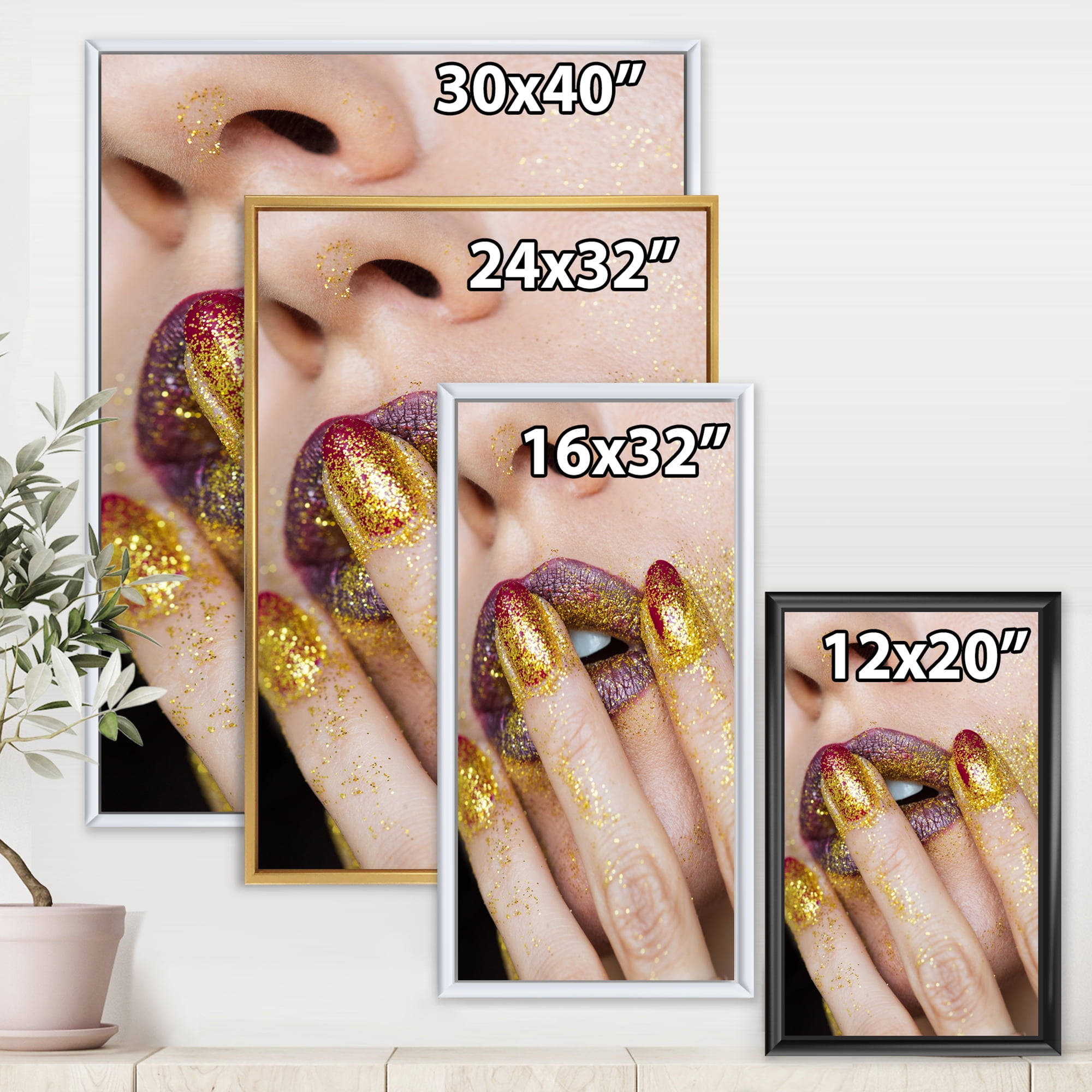 Designart 'Close-Up Of Woman Golden Gold Glitter Lipstick' Modern Framed Canvas Wall Art Print