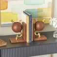 thumbnail image 2 of DecMode 6" Handmade Stitched Globe Brown Leather Bookends with Brown Wood Base (Set of 2), 2 of 11
