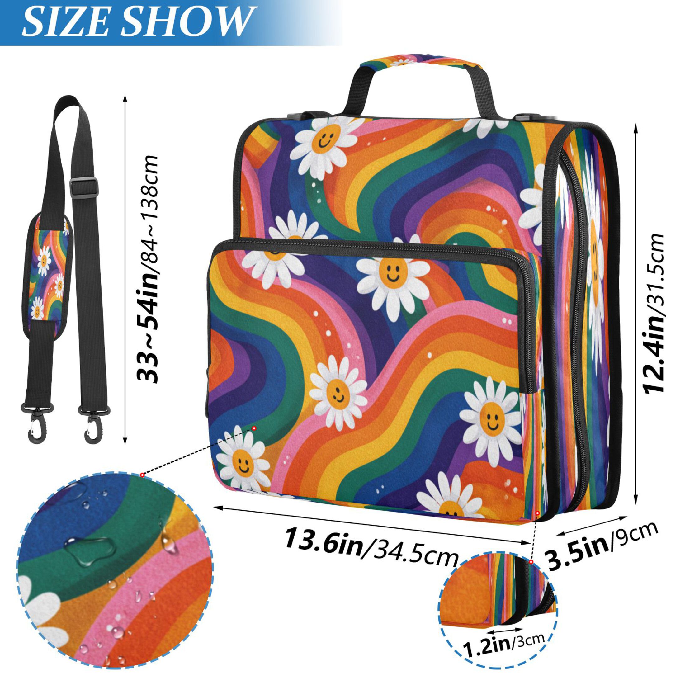Zipper Binder 3 Rings Stationery Office Files Daily Organizer File Folder Storage Bag Rainbow-colored Waves with Daisies