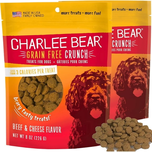 Charlee Bear Dog Treats Small Dogs Training Treats Crunchy Low Cal, Grain Free Canine Snacks, USA, Puppy Training Biscuits, Beef and Cheese, 2 Pack, 8oz Ea