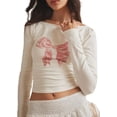 thumbnail image 4 of Camisetas de manga larga con estampado de lazo, cuello redondo, Top corto ajustado, camiseta bonita y dulce de los años 00, camisas para salir Y2k, 4 of 5