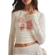 thumbnail image 4 of Camisetas de manga larga con estampado de lazo, cuello redondo, Top corto ajustado, camiseta bonita y dulce de los años 00, camisas para salir Y2k, 4 of 5