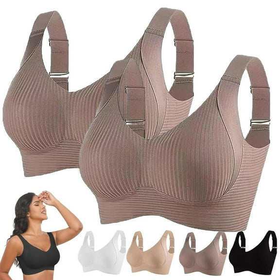 WNEGSTG Brown Sports Bra, Sports Bras for Women Comfortable Ribbed Wireless Bralettes Adjustable Padded Everyday Bra 2Pc, L