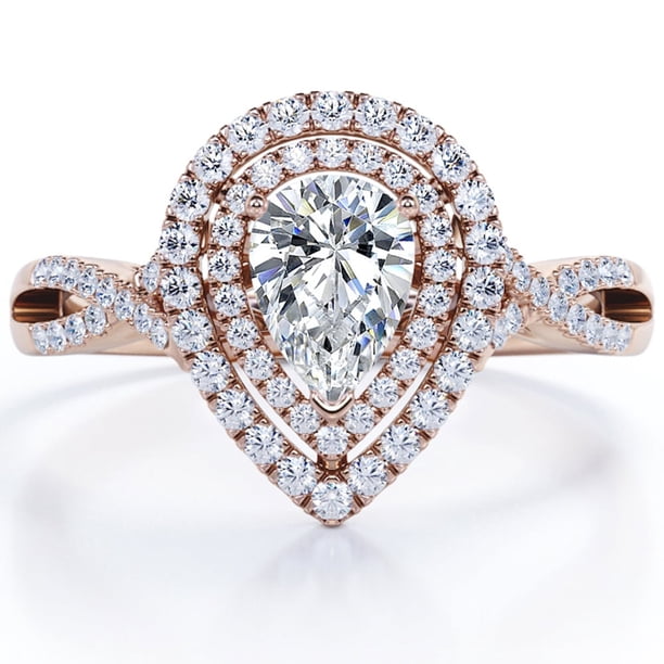 JeenMata Anillo de Compromiso con Halo Doble, Cuerpo Retorcido Infinito, Moissanita en Forma de Pera de 1,75 Quilates, Chapado en Oro Rosa de 18 K sobre Plata
