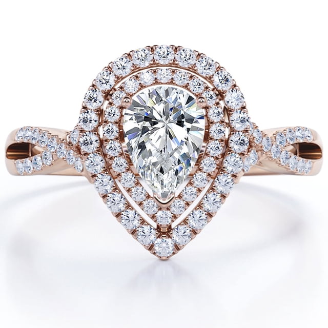 JeenMata Anillo de Compromiso con Halo Doble, Cuerpo Retorcido Infinito, Moissanita en Forma de Pera de 1,75 Quilates, Chapado en Oro Rosa de 18 K sobre Plata