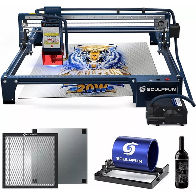 Máquina de grabado láser SCULPFUN S30 Pro Max de 20W con rodillo de eje Y, placa Nido Abeja SCULPFUN S30 Pro Max