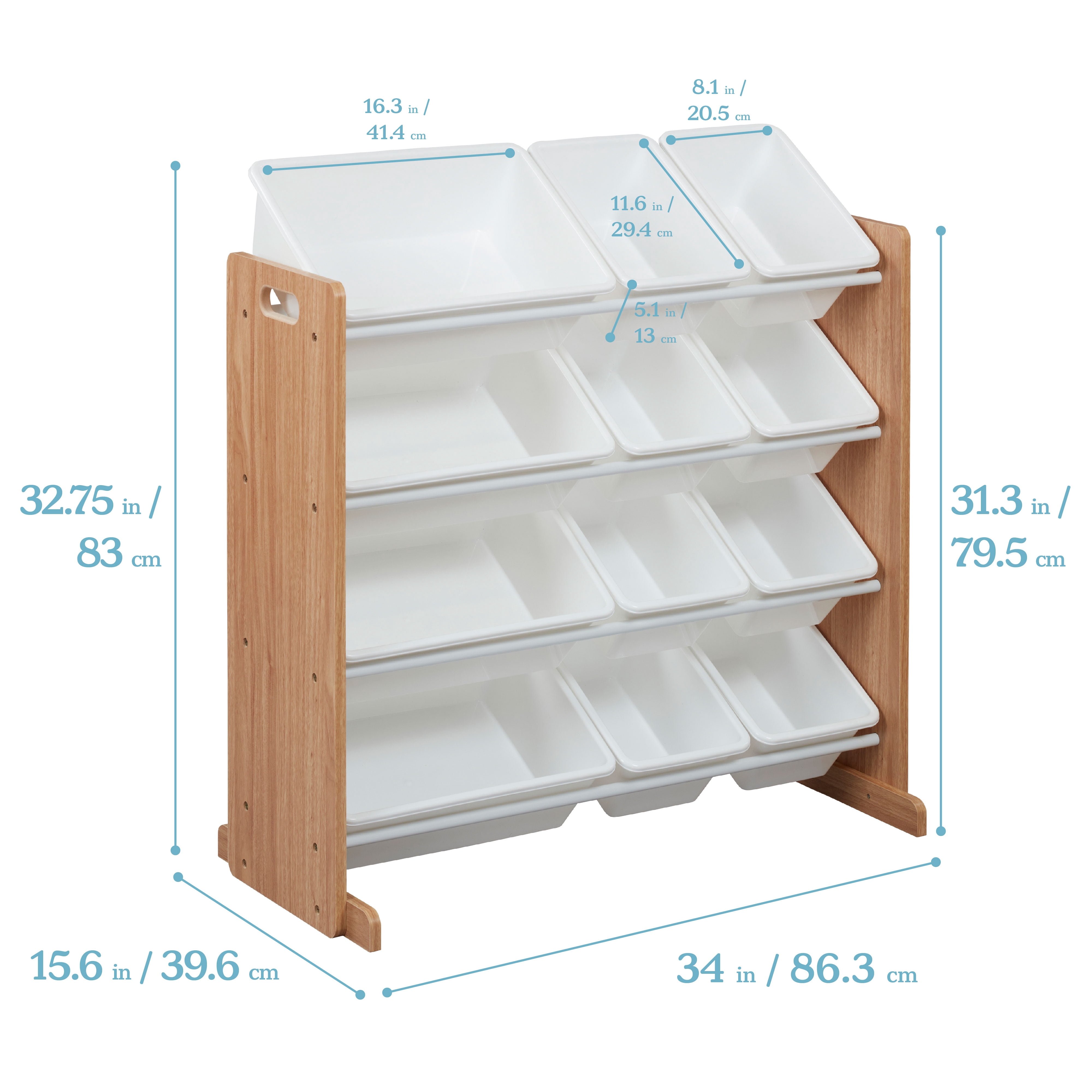 ECR4Kids 4-Tier Organizer with 12 Removable Plastic Bins, 4x3, Toy Storage, Dark Natural/White