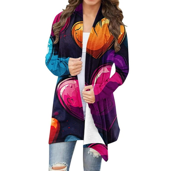 Xdegoge Valentines Cardigan for Women Long Sleeve Open Front Cardigans Fashion Playful Love Heart Prints Top Casual Loose Plus Size Versatile Outfits
