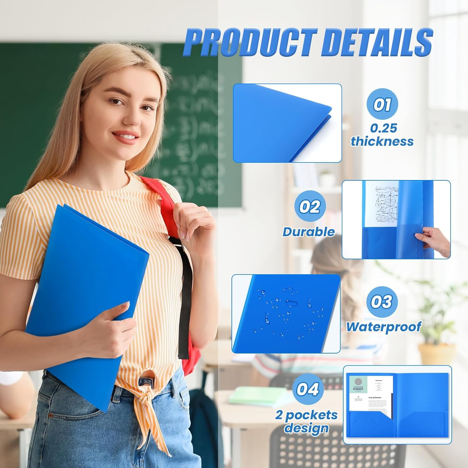 Heavy Duty Two Pocket Plastic Folders with Pockets, Letter Size School Office Folders, 11.61 x 9.45 Inches, Business Card Holder, Blue, 50 Pack