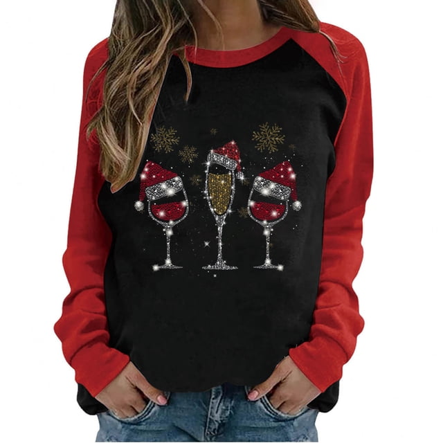 Chemise de Noël pour Femmes Printemps Patchwork Imprimé Manches Longues Col Rond Tee-Shirt Décontracté